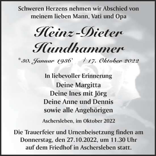 Traueranzeige von Heinz-Dieter Hundhammer von Trauerkombi Aschersleben