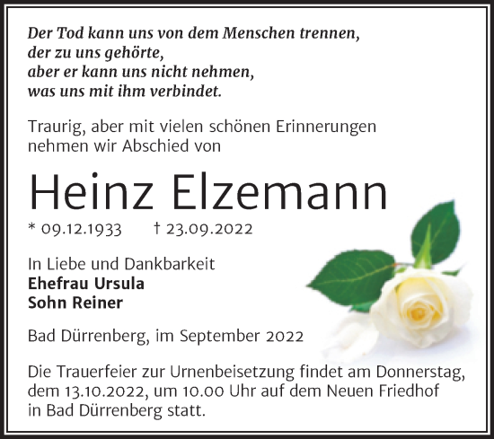 Traueranzeige von Heinz Elzemann von Trauerkombi Merseburg