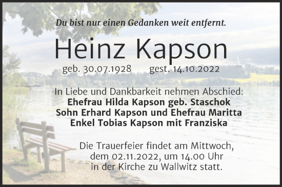 Traueranzeige von Heinz Kapson von Mitteldeutsche Zeitung Halle/Saalkreis