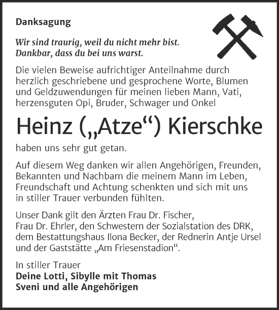Traueranzeige von Heinz Kierschke von Trauerkombi Sangerhausen