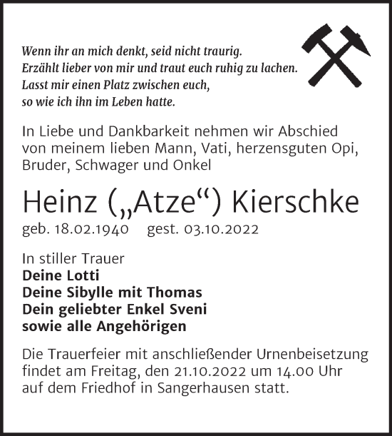 Traueranzeige von Heinz Kierschke von Trauerkombi Sangerhausen