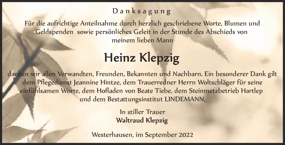  Traueranzeige für Heinz Klepzig vom 22.10.2022 aus Trauerkombi Quedlinburg