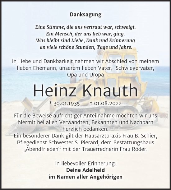 Traueranzeige von Heinz Knauth von Trauerkombi Weißenfels