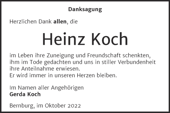 Traueranzeige von Heinz Koch von Trauerkombi Bernburg