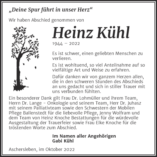 Traueranzeige von Heinz Kühl von Trauerkombi Aschersleben