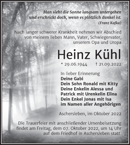 Traueranzeige von Heinz Kühl von Trauerkombi Aschersleben