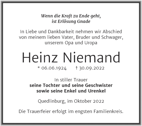 Traueranzeige von Heinz Niemand von Trauerkombi Quedlinburg