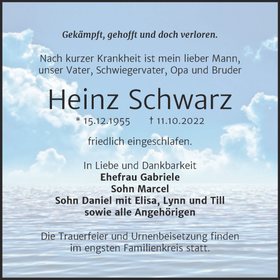 Traueranzeige von Heinz Schwarz von Trauerkombi Köthen
