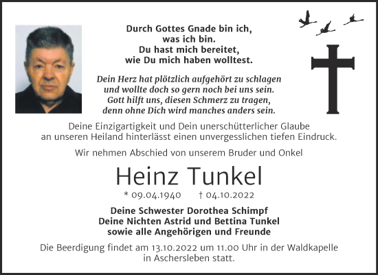 Traueranzeige von Heinz Tunkel von Trauerkombi Mansfelder Land