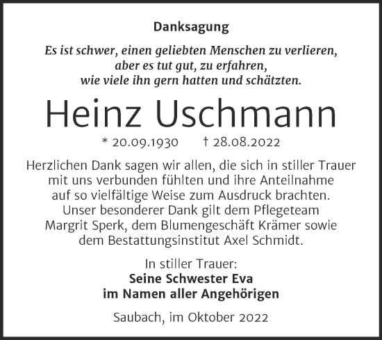 Traueranzeige von Heinz Uschmann von Wochenspiegel Naumburg/Nebra