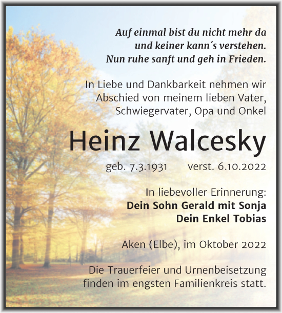 Traueranzeige von Heinz Walcesky von Trauerkombi Köthen
