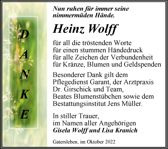 Traueranzeige von Heinz Wolff von Trauerkombi Aschersleben