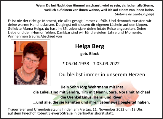 Traueranzeige von Helga Berg von Trauerkombi Wittenberg
