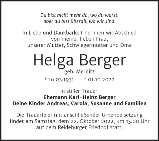 Traueranzeige von Helga Berger von Mitteldeutsche Zeitung Halle/Saalkreis