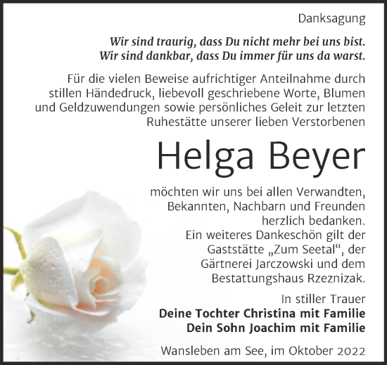 Traueranzeige von Helga Beyer von Trauerkombi Mansfelder Land