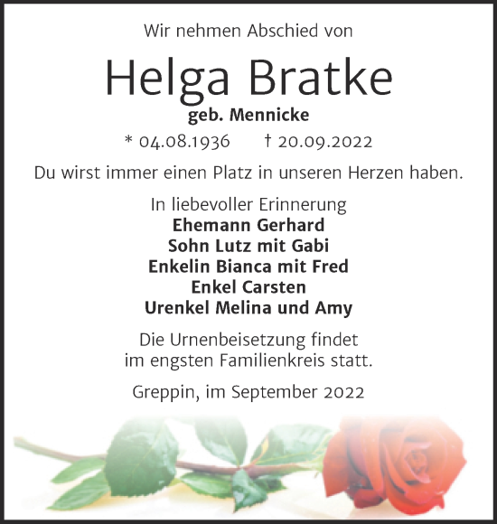 Traueranzeige von Helga Bratke von Trauerkombi Bitterfeld