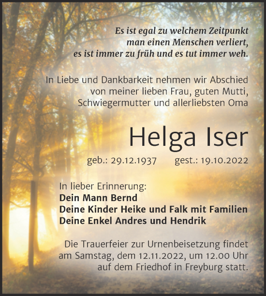 Traueranzeige von Helga Iser von Wochenspiegel Naumburg/Nebra