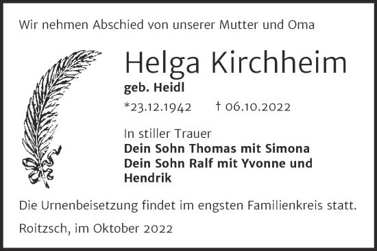 Traueranzeige von Helga Kirchheim von Trauerkombi Bitterfeld