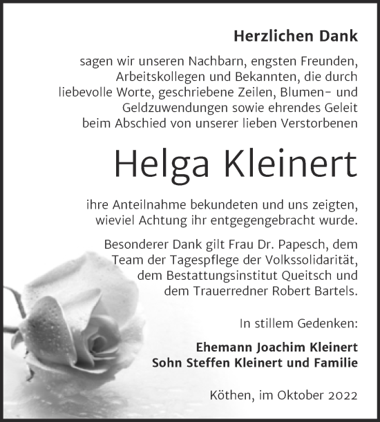 Traueranzeige von Helga Kleinert von Trauerkombi Köthen