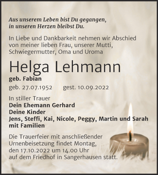 Traueranzeige von Helga Lehmann von Trauerkombi Sangerhausen