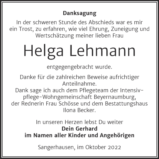 Traueranzeige von Helga Lehmann von Trauerkombi Sangerhausen