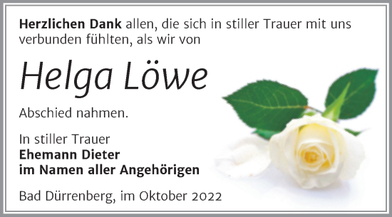 Traueranzeige von Helga Löwe von Trauerkombi Merseburg