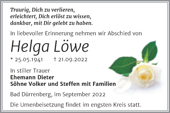 Traueranzeige von Helga Löwe von Trauerkombi Merseburg
