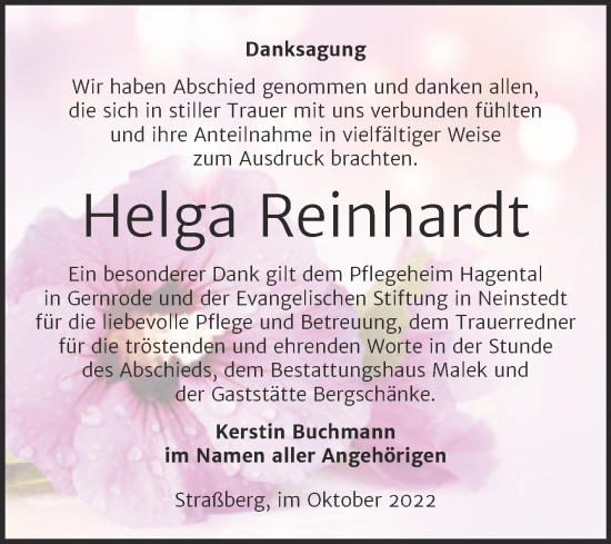Traueranzeige von Helga Reinhardt von Trauerkombi Quedlinburg