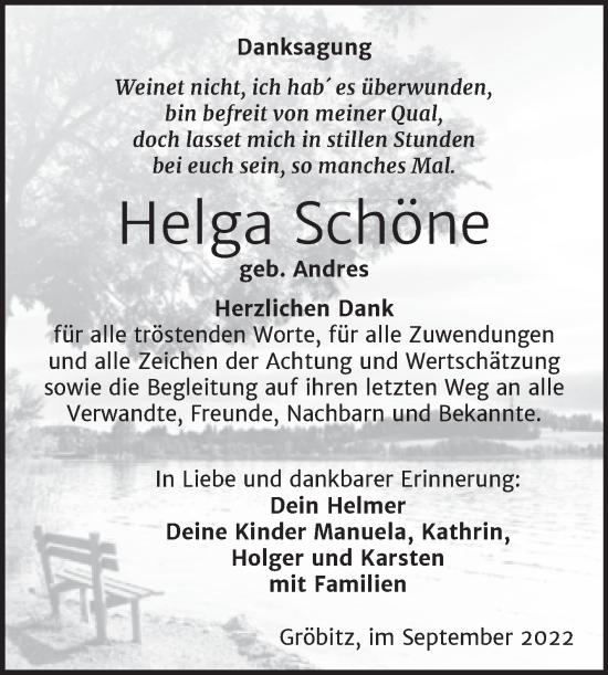 Traueranzeige von Helga Schöne von Trauerkombi Weißenfels