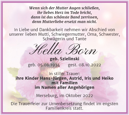 Traueranzeige von Hella Born von Trauerkombi Merseburg