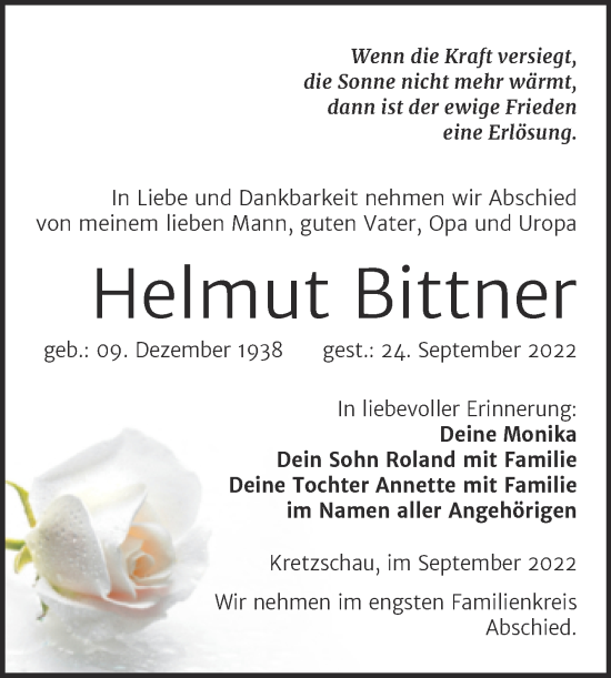 Traueranzeige von Helmut Bittner von Trauerkombi Zeitz