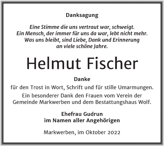 Traueranzeige von Helmut Fischer von Trauerkombi Weißenfels