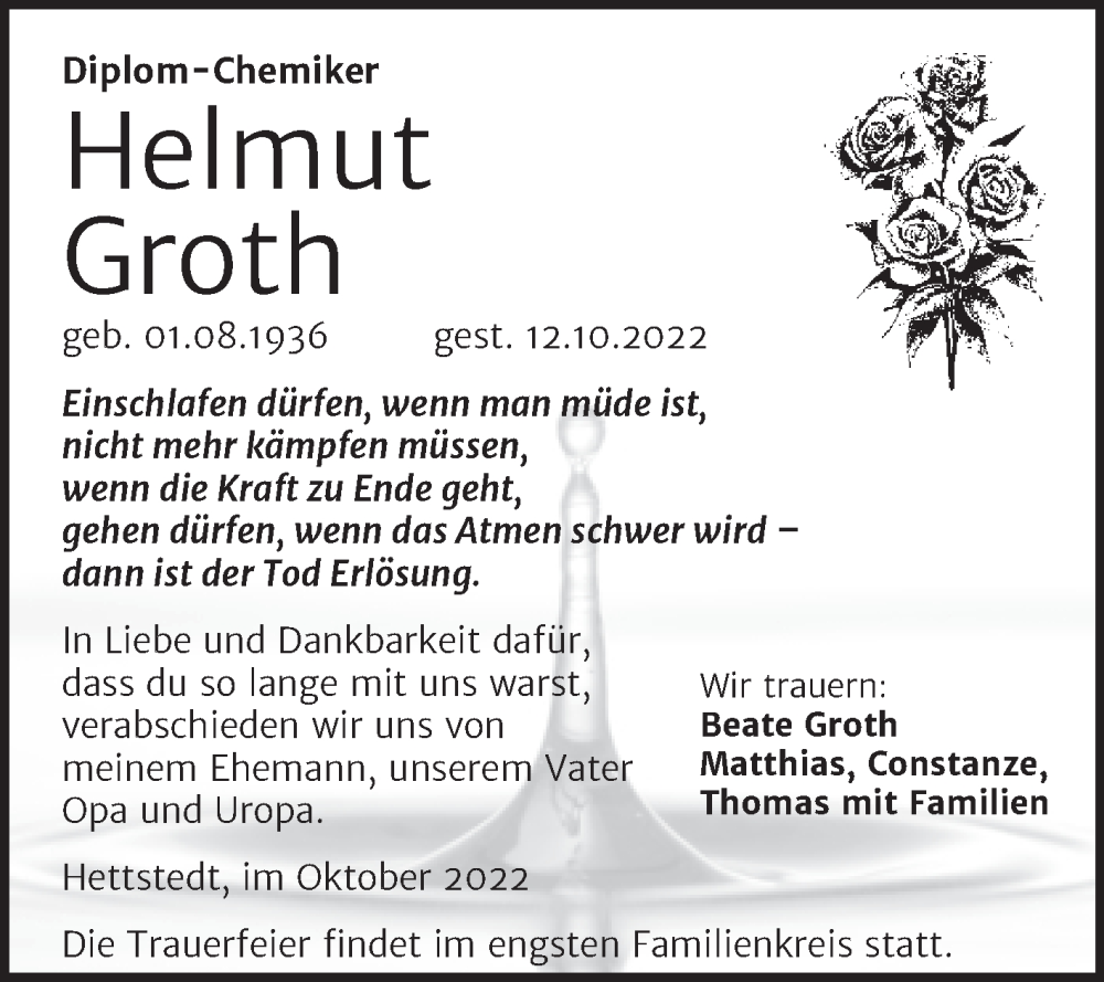  Traueranzeige für Helmut Groth vom 22.10.2022 aus Trauerkombi Mansfelder Land