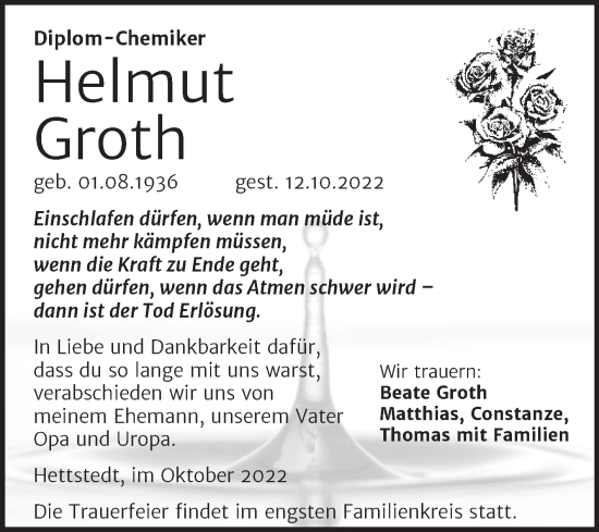 Traueranzeige von Helmut Groth von Trauerkombi Mansfelder Land
