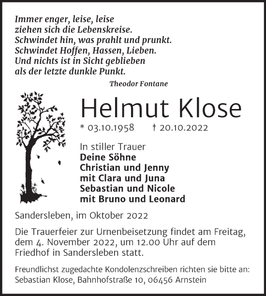 Traueranzeige von Helmut Klose von Trauerkombi Mansfelder Land