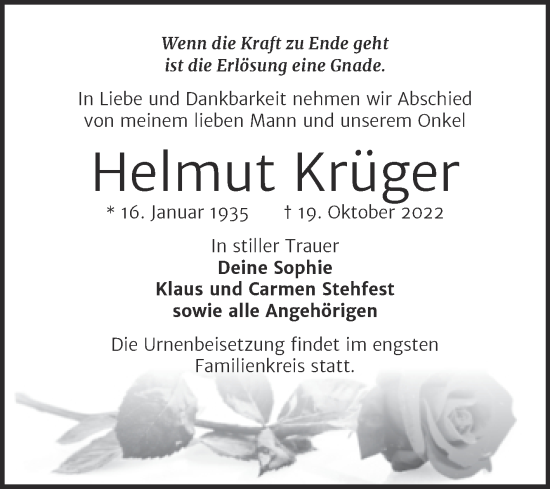 Traueranzeige von Helmut Krüger von Trauerkombi Zeitz
