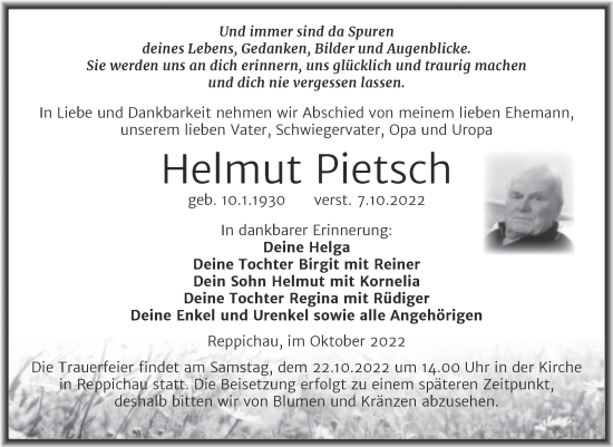 Traueranzeige von Helmut Pietsch von Trauerkombi Köthen