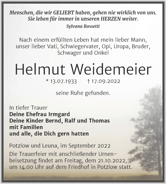 Traueranzeige von Helmut Weidemeier von Trauerkombi Merseburg