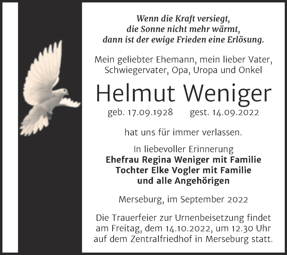  Traueranzeige für Helmut Weniger vom 01.10.2022 aus Trauerkombi Merseburg