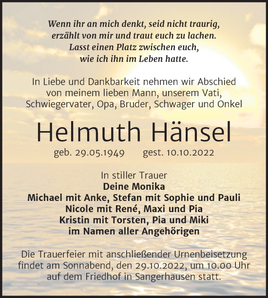 Traueranzeige von Helmuth Hänsel von Trauerkombi Sangerhausen