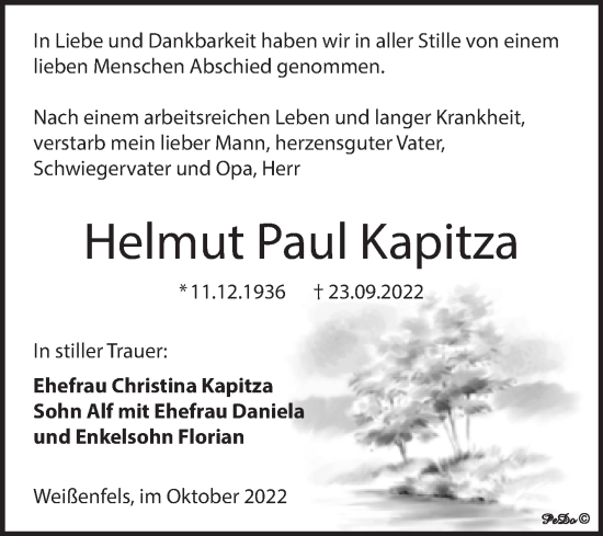 Traueranzeige von Helmut Paul Kapitza von Trauerkombi Weißenfels