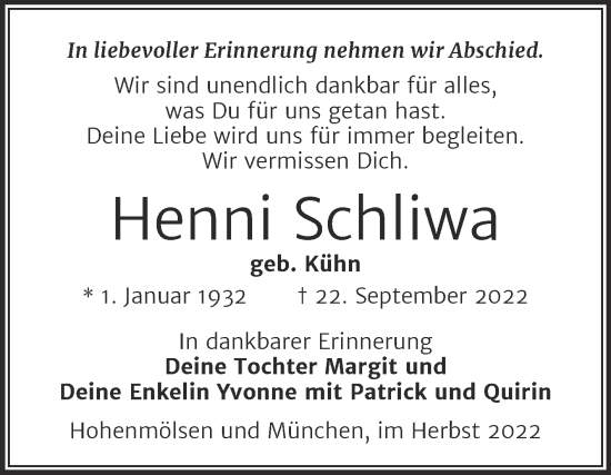 Traueranzeige von Henni Schliwa von Trauerkombi Weißenfels