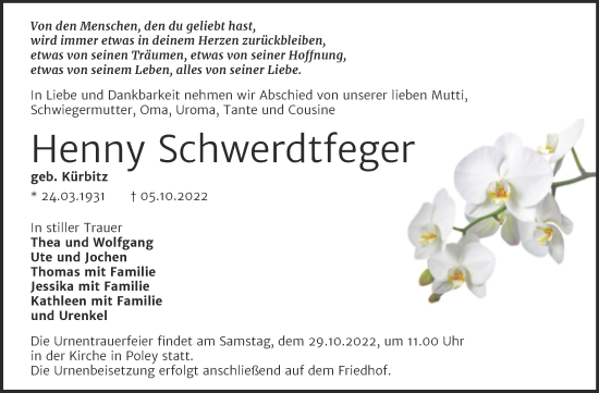 Traueranzeige von Henny Schwerdtfeger von Trauerkombi Bernburg