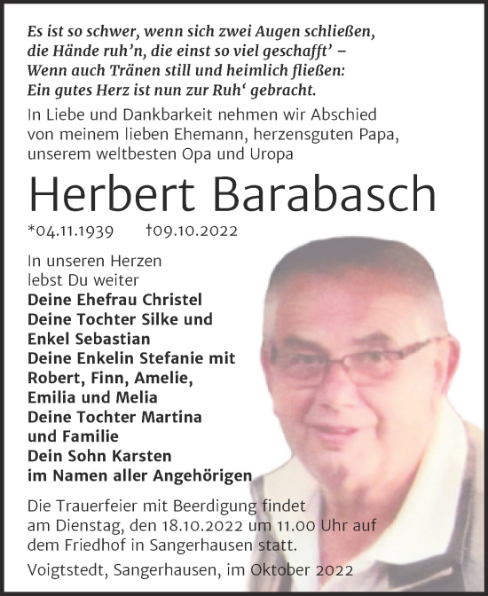 Traueranzeige von Herbert Barabasch von Trauerkombi Sangerhausen