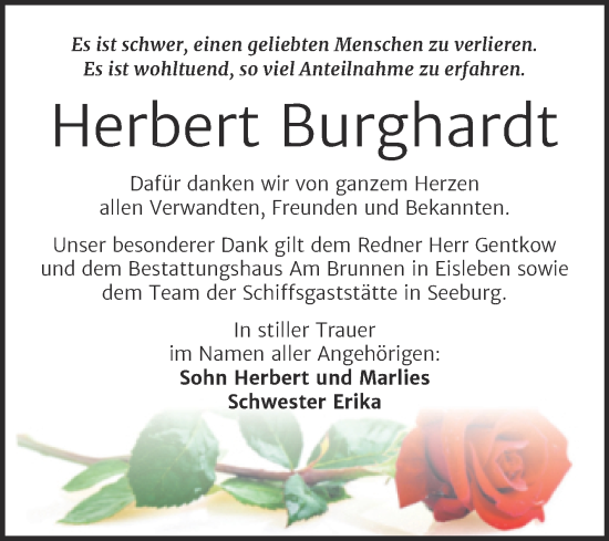 Traueranzeige von Herbert Burghardt von Trauerkombi Mansfelder Land