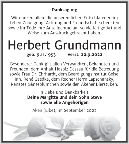 Traueranzeige von Herbert Grundmann von Trauerkombi Köthen