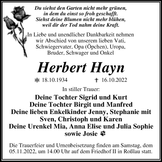 Traueranzeige von Herbert Hayn von Trauerkombi Dessau