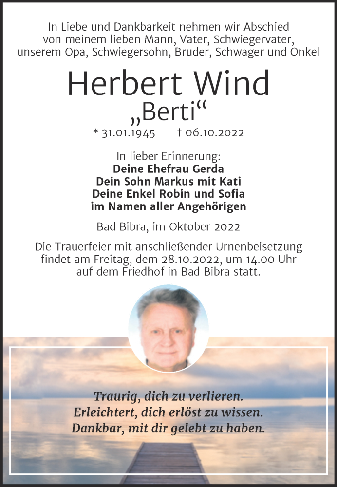  Traueranzeige für Herbert Wind vom 19.10.2022 aus Wochenspiegel Naumburg/Nebra