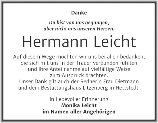 Traueranzeige von Hermann Leicht von Trauerkombi Mansfelder Land
