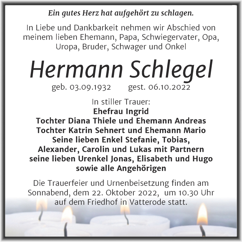  Traueranzeige für Hermann Schlegel vom 13.10.2022 aus Trauerkombi Mansfelder Land